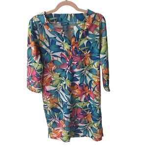 Caribbean Joe Womens M UPF 50 V-Neck Tunic Tropical Print Dress 3/4 sleeves